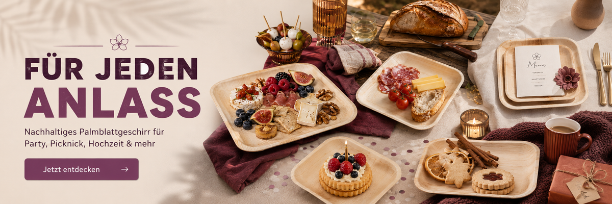 Palmblattgeschirr für jeden Anlass: gedeckte Tafel mit Antipasti, Käse, Törtchen und Gebäck auf Palmblatt-Tellern