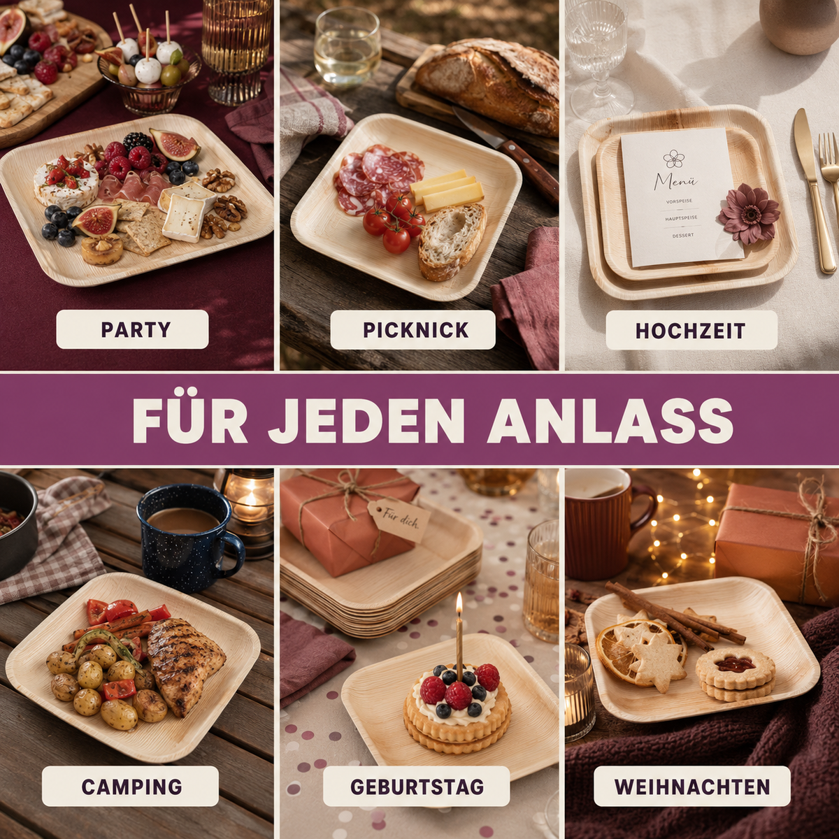 Malvora Palmblatt-Teller im Einsatz bei Party, Picknick, Hochzeit, Camping, Geburtstag und Weihnachten