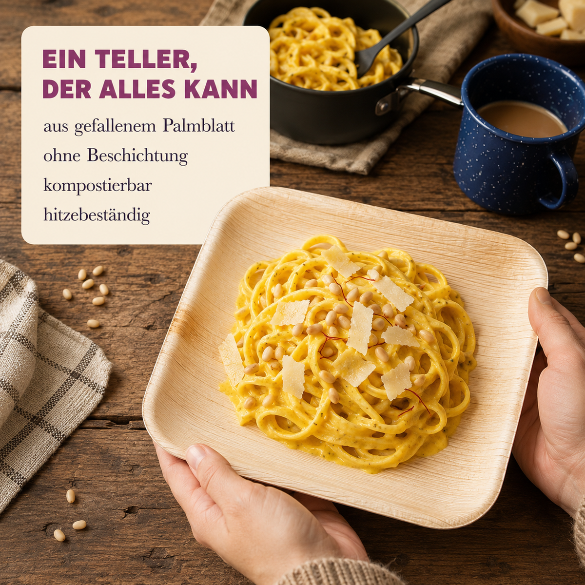 Palmblatt-Teller mit Pasta, aus gefallenem Palmblatt, ohne Beschichtung, kompostierbar, hitzebeständig