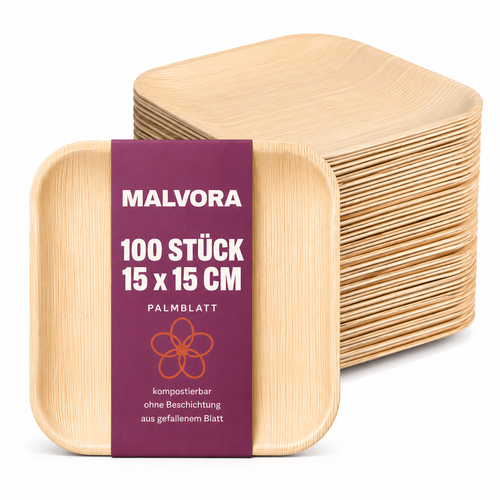 Malvora Palmblatt-Teller quadratisch 15 x 15 cm, Stapel mit Banderole, 100 Stück