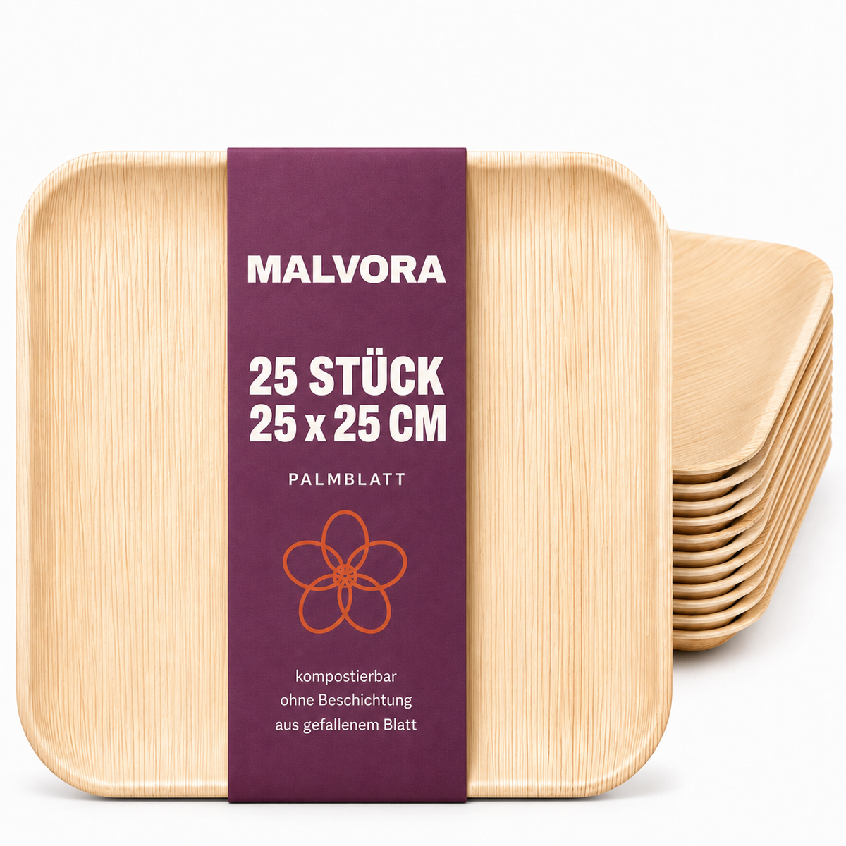 Malvora Palmblatt-Teller quadratisch 25 x 25 cm, Stapel mit Banderole, 25 Stück