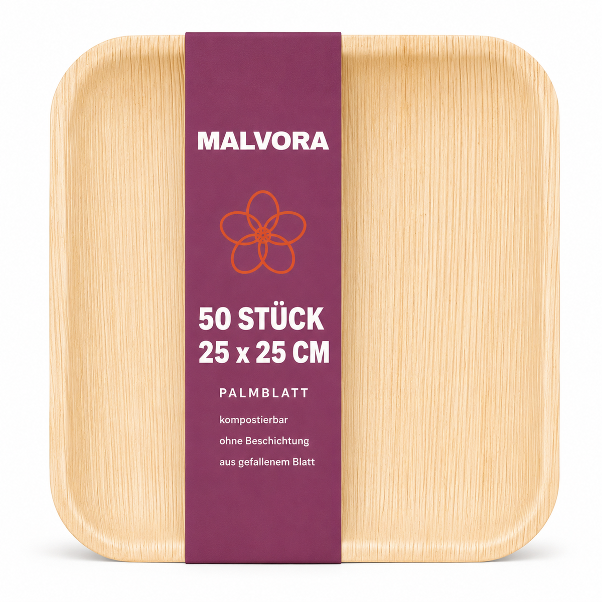 Malvora Palmblatt-Teller quadratisch 25 x 25 cm, Stapel mit Banderole, 50 Stück