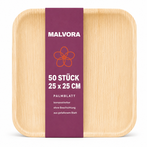 Malvora Palmblatt-Teller quadratisch 25 x 25 cm, Stapel mit Banderole, 50 Stück