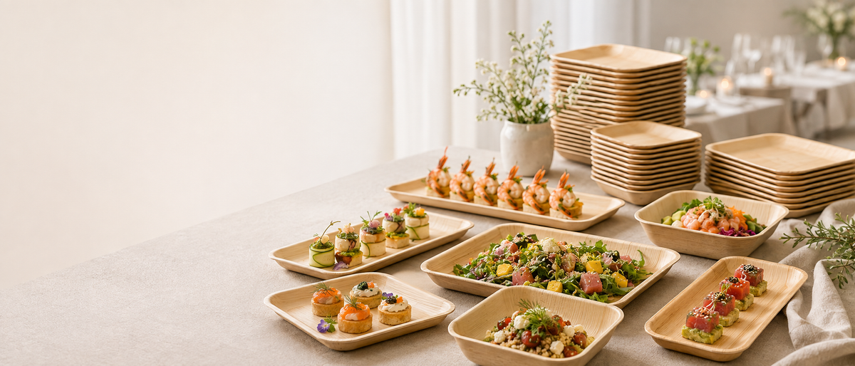 Fingerfood-Buffet mit Palmblatt-Tellern, Garnelen, Tatar und Salat