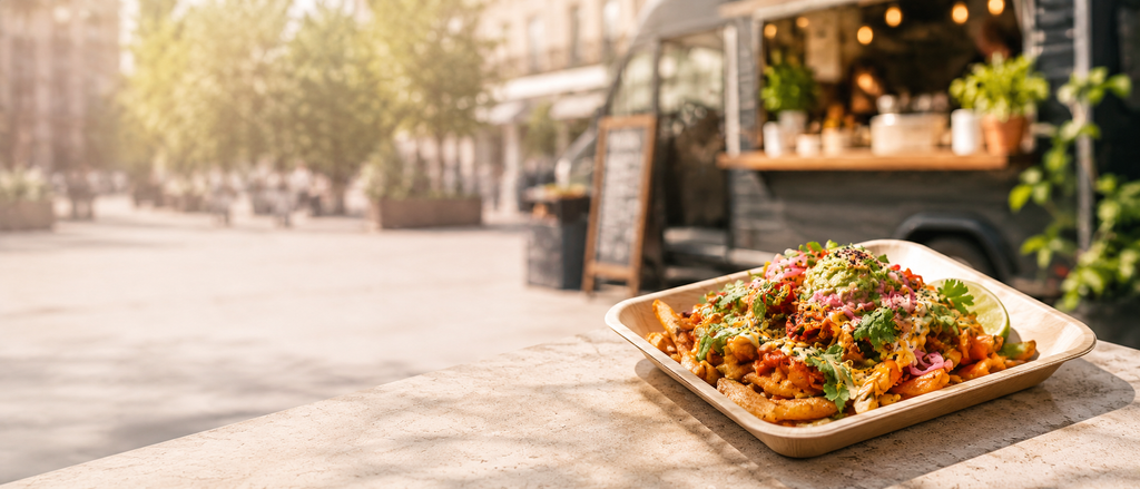 Loaded Fries auf einem quadratischen Palmblatt-Teller vor einem Foodtruck