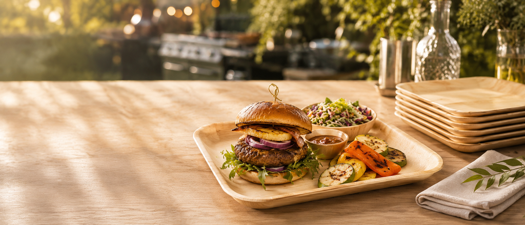 Burger mit gegrilltem Gemüse auf einem quadratischen Palmblatt-Teller im Garten