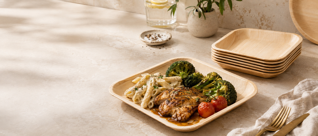 Hähnchenfilet mit Penne und Brokkoli auf einem quadratischen Palmblatt-Teller