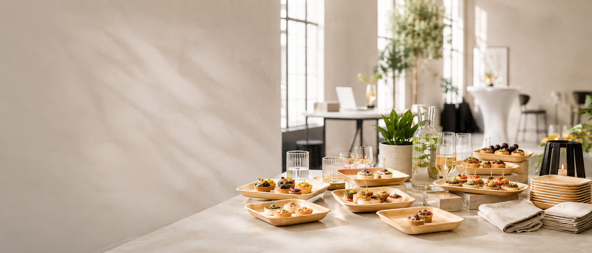 Empfang im Loft mit Canapés auf Palmblatt-Tellern